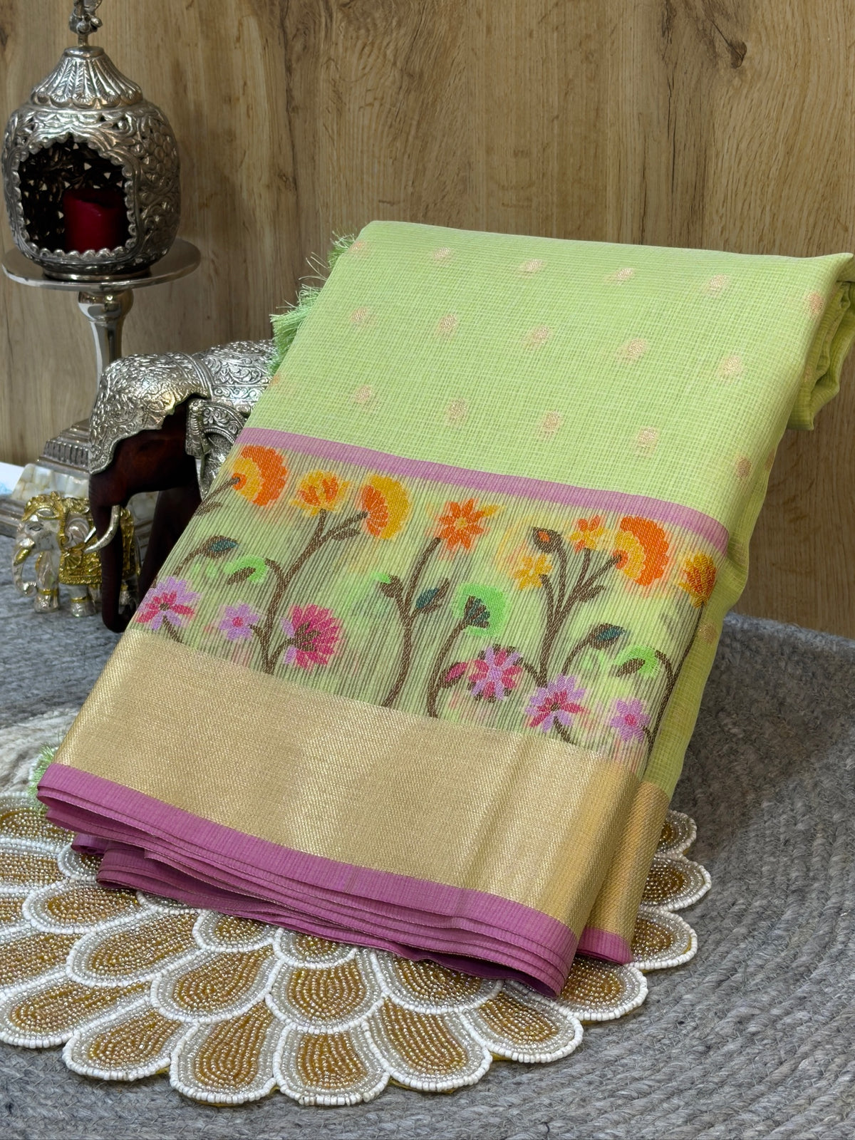 Pistachio Green Kota Zari Jamdani Meenkari Saree