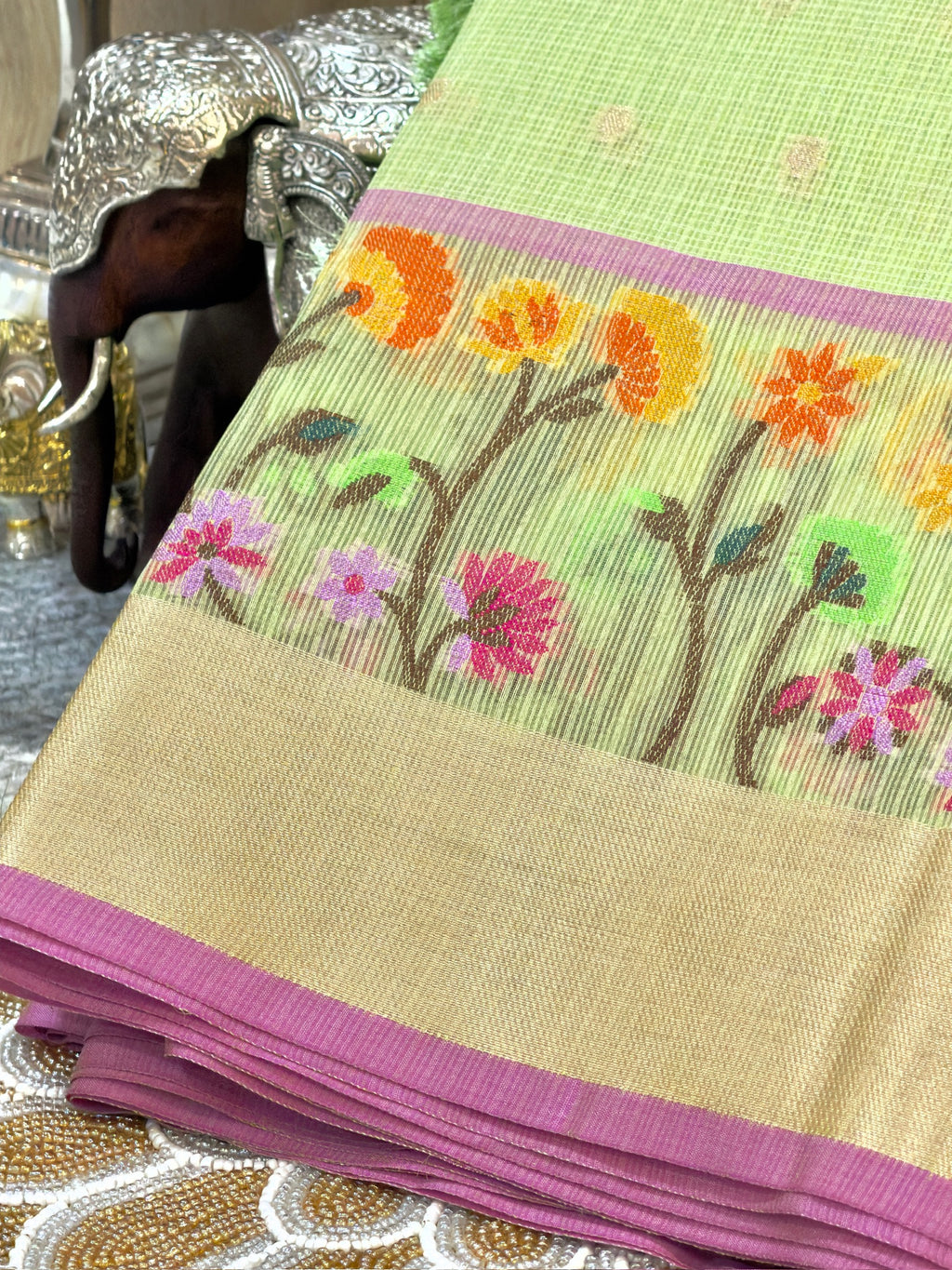 Pistachio Green Kota Zari Jamdani Meenkari Saree