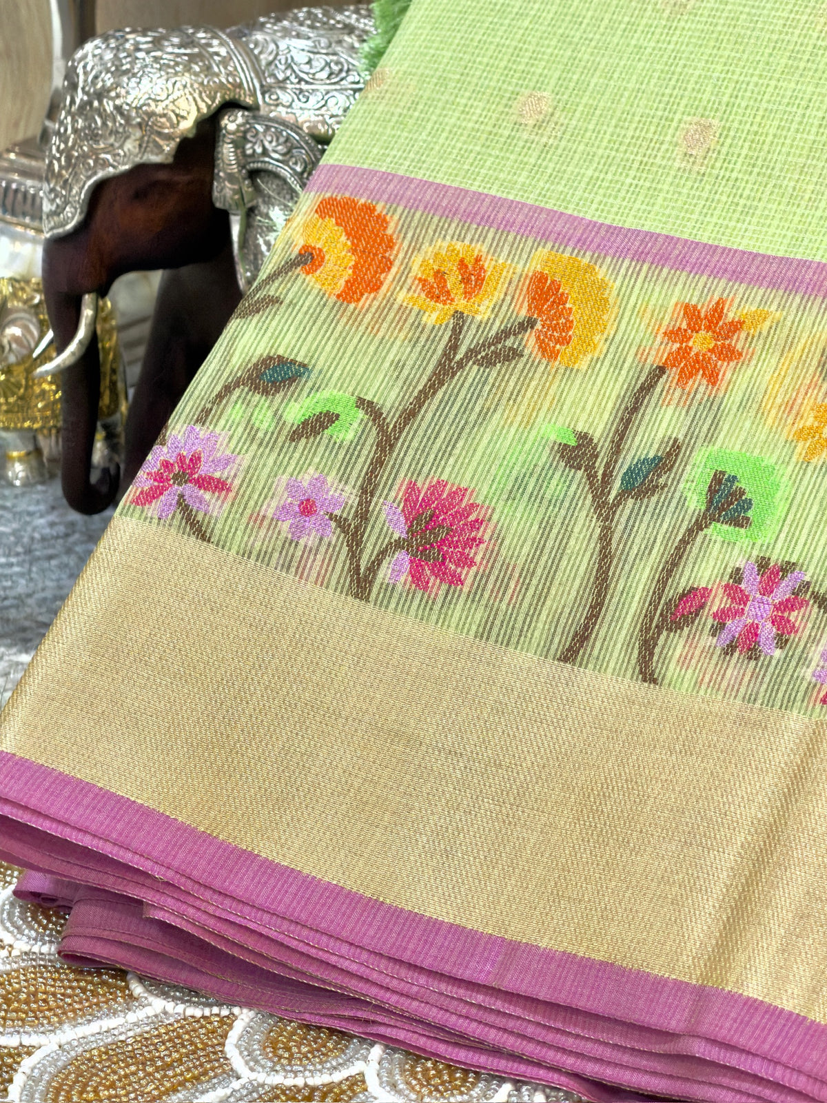 Pistachio Green Kota Zari Jamdani Meenkari Saree