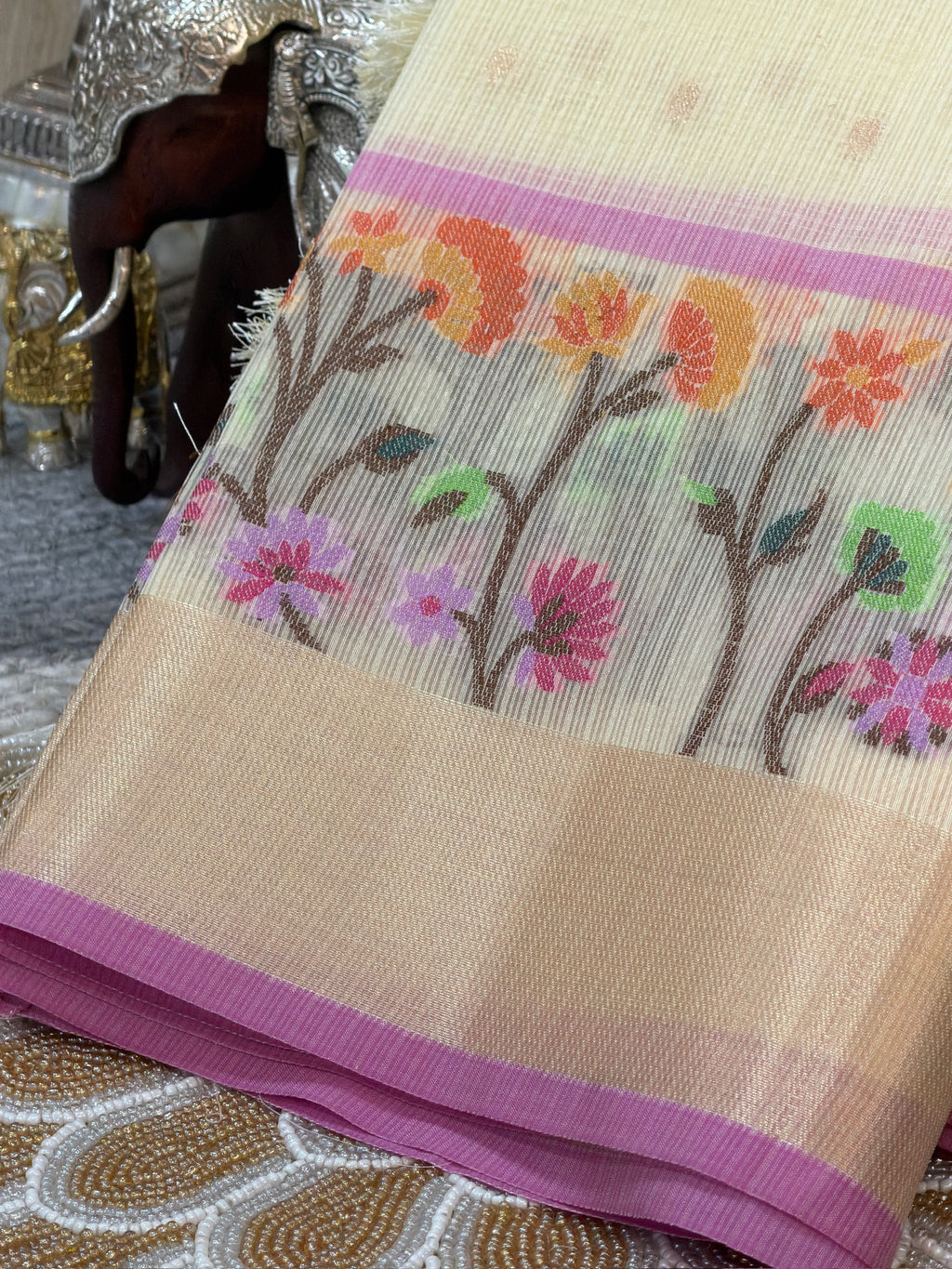 Ivory Cream Kota Zari Jamdani Meenkari Saree