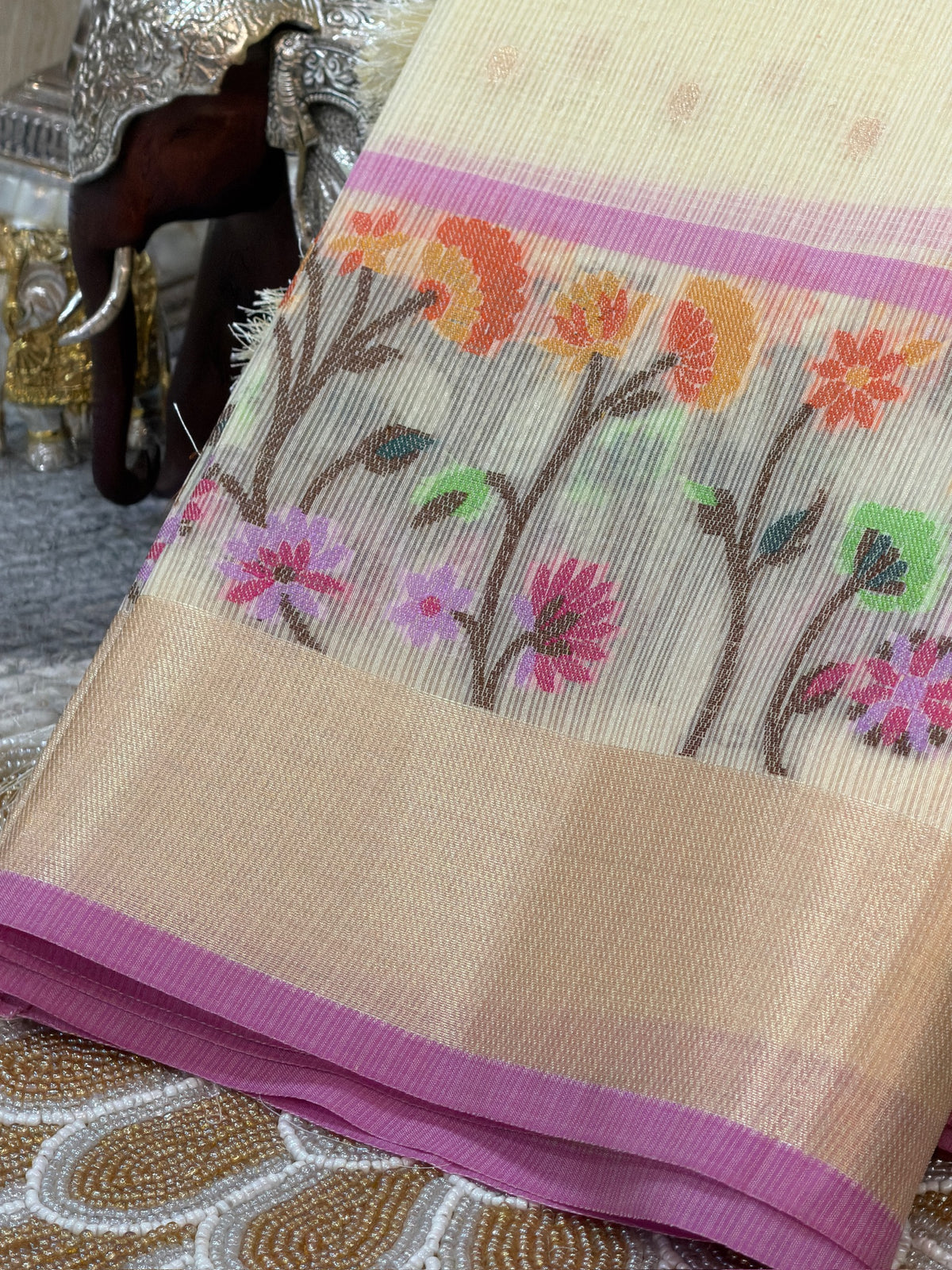 Ivory Cream Kota Zari Jamdani Meenkari Saree
