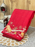Crimson Red Moonga Tussar Silk Sabyasachi-Inspired Embroidery Saree