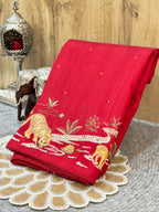 Crimson Red Moonga Tussar Silk Sabyasachi-Inspired Embroidery Saree