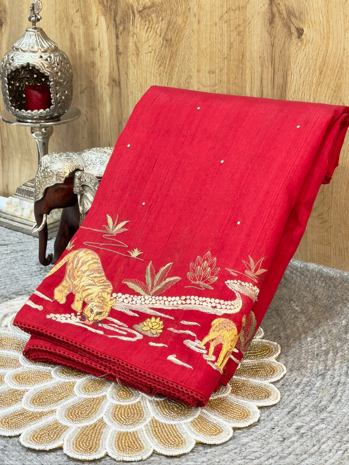 Crimson Red Moonga Tussar Silk Sabyasachi-Inspired Embroidery Saree