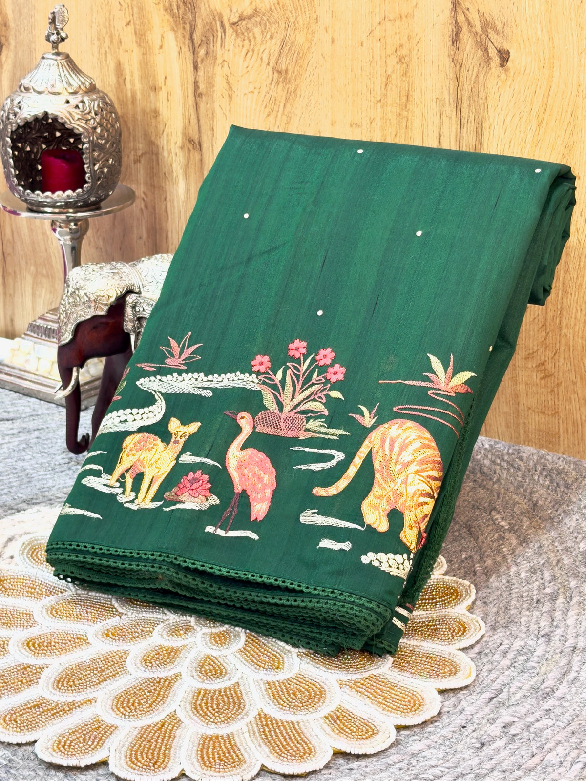 Bottle Green Moonga Tussar Silk Sabyasachi-Inspired Embroidery Saree