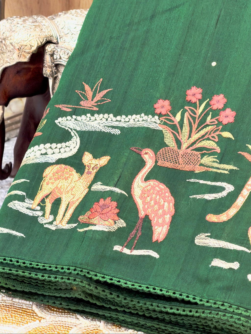 Bottle Green Moonga Tussar Silk Sabyasachi-Inspired Embroidery Saree