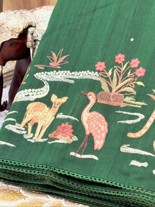 Bottle Green Moonga Tussar Silk Sabyasachi-Inspired Embroidery Saree