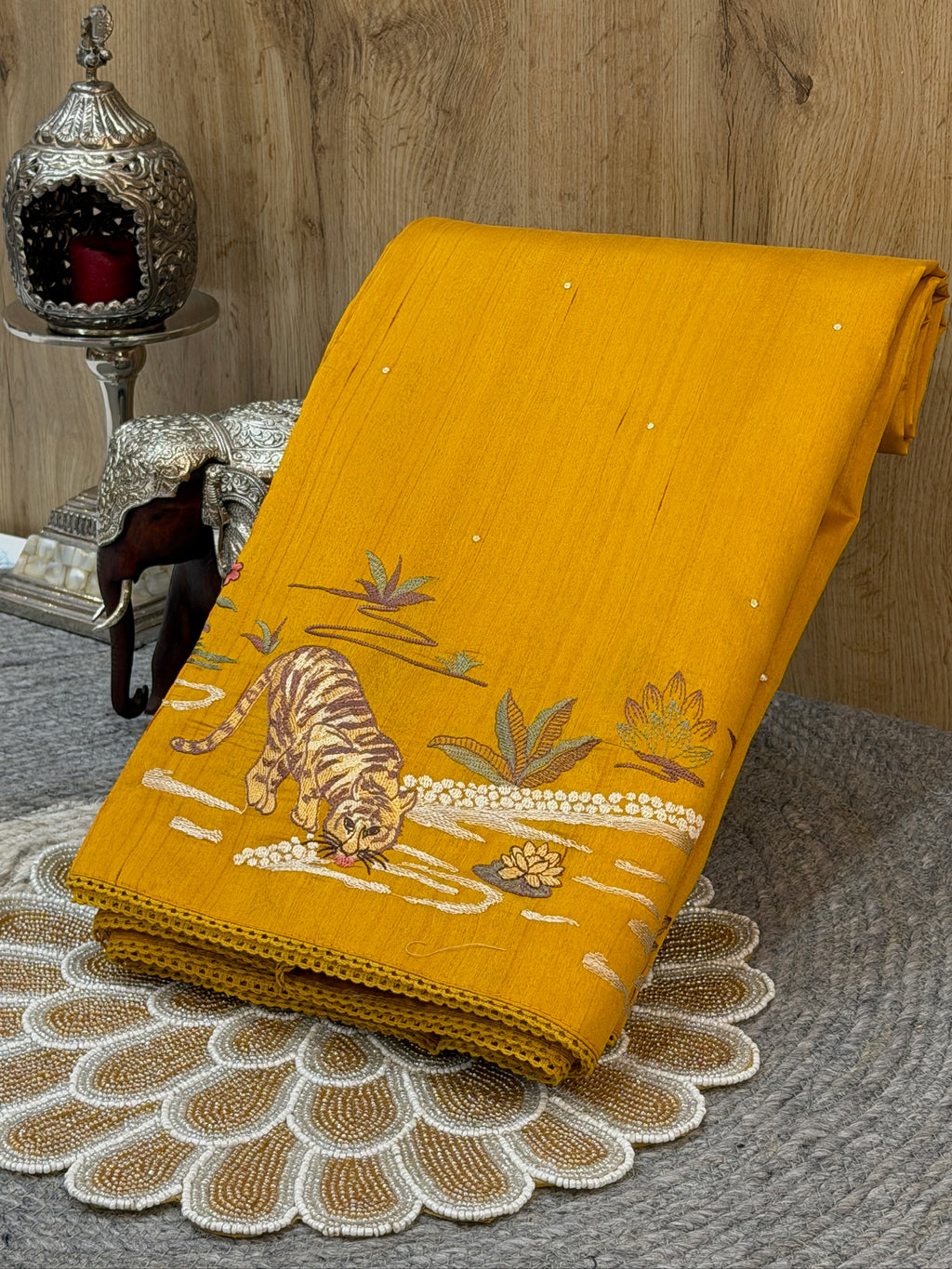 Mustard Yellow Moonga Tussar Silk Saree with Tiger Motif Detailing