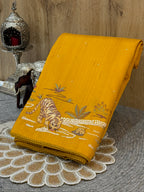 Mustard Yellow Moonga Tussar Silk Saree with Tiger Motif Detailing