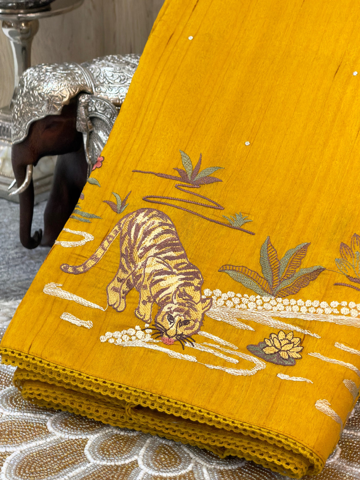 Mustard Yellow Moonga Tussar Silk Saree with Tiger Motif Detailing
