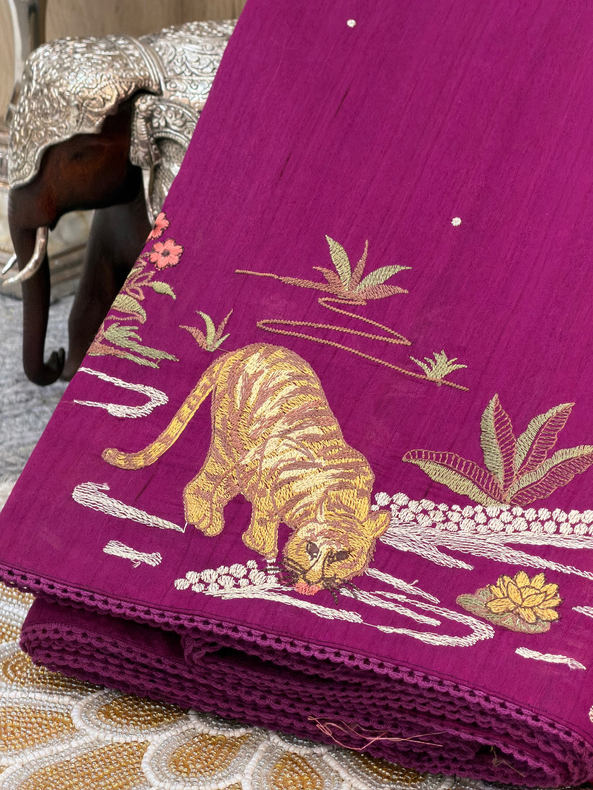 Rich Magenta Moonga Tussar Silk Saree with Tiger Motif Detailing