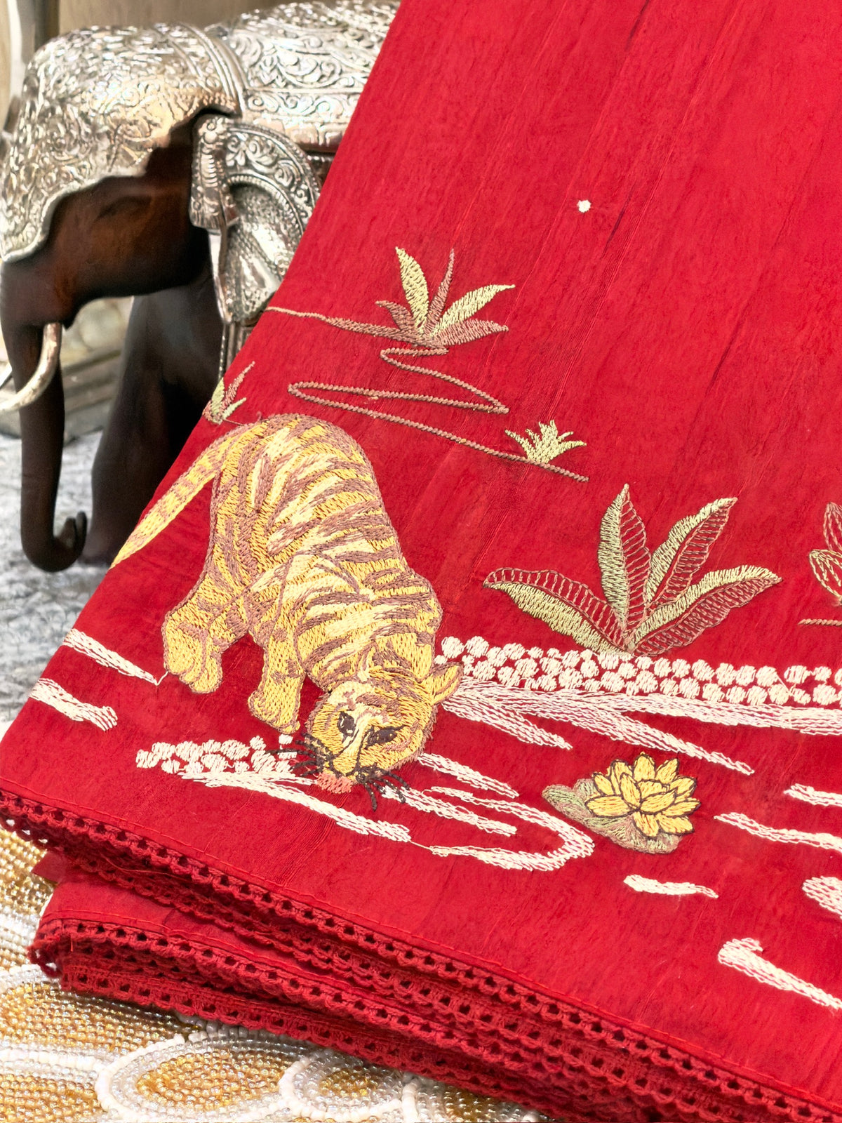Crimson Red Moonga Tussar Silk Sabyasachi-Inspired Embroidery Saree