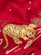 Crimson Red Moonga Tussar Silk Sabyasachi-Inspired Embroidery Saree