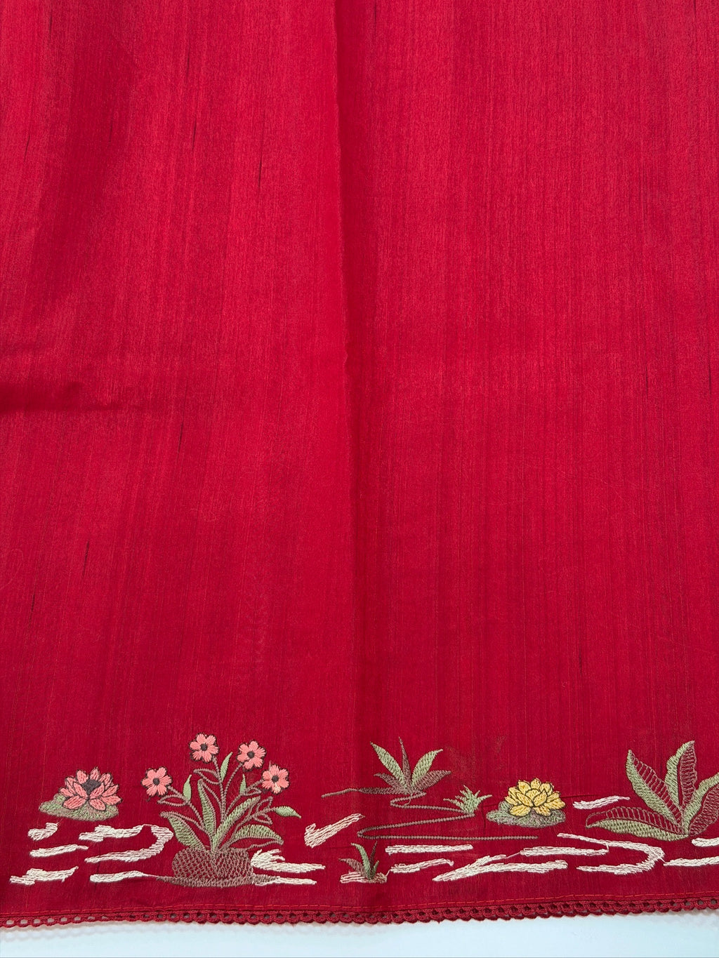 Crimson Red Moonga Tussar Silk Sabyasachi-Inspired Embroidery Saree