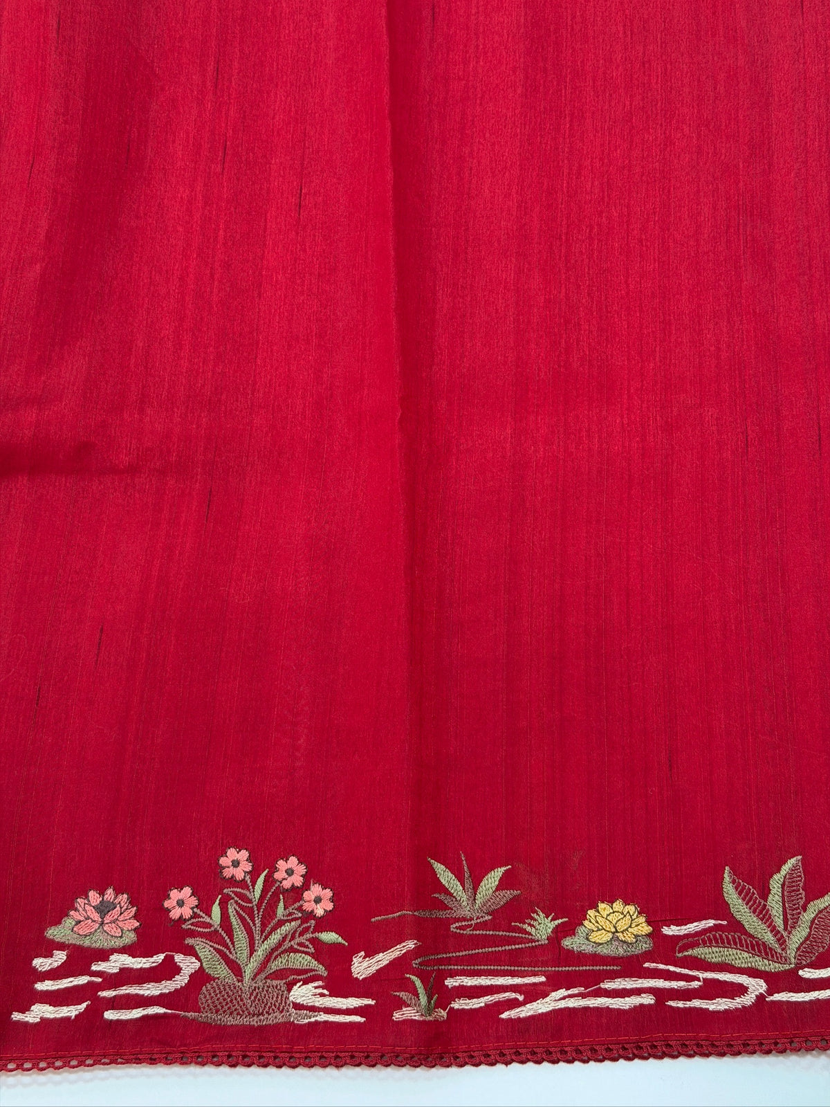 Crimson Red Moonga Tussar Silk Sabyasachi-Inspired Embroidery Saree