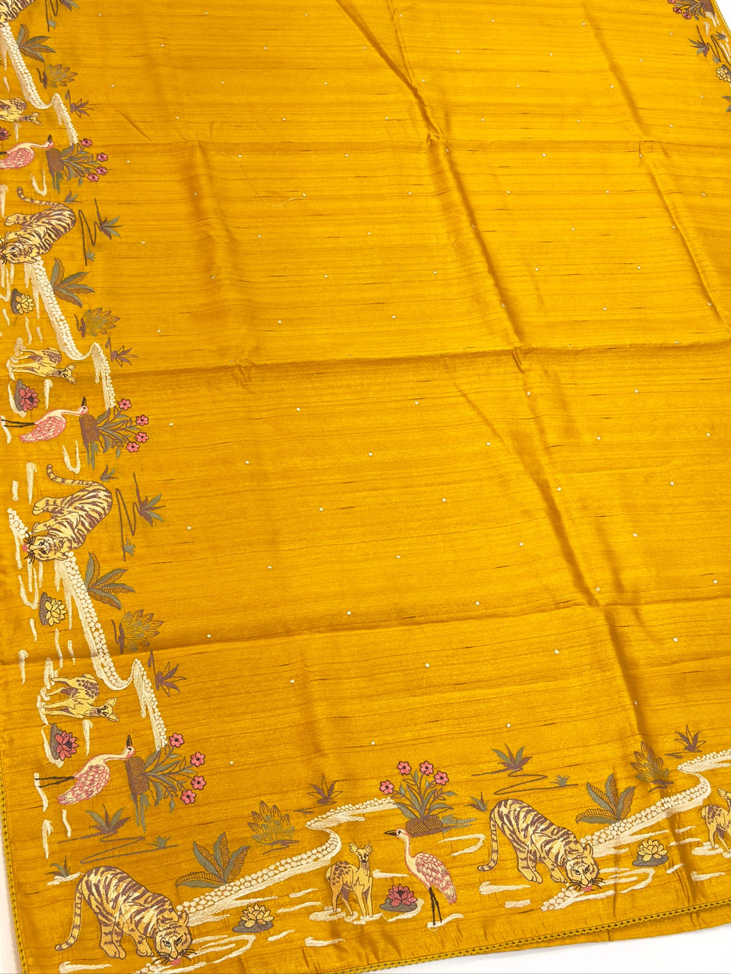 Mustard Yellow Moonga Tussar Silk Saree with Tiger Motif Detailing