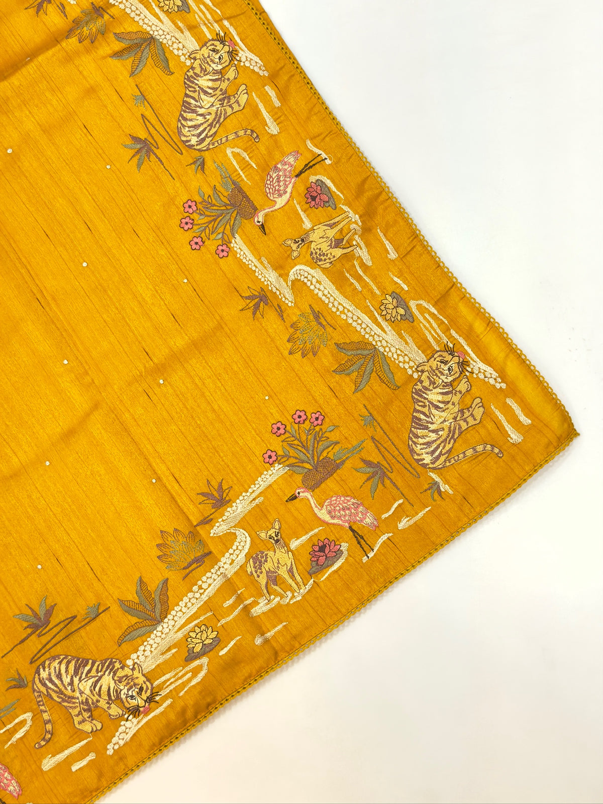 Mustard Yellow Moonga Tussar Silk Saree with Tiger Motif Detailing