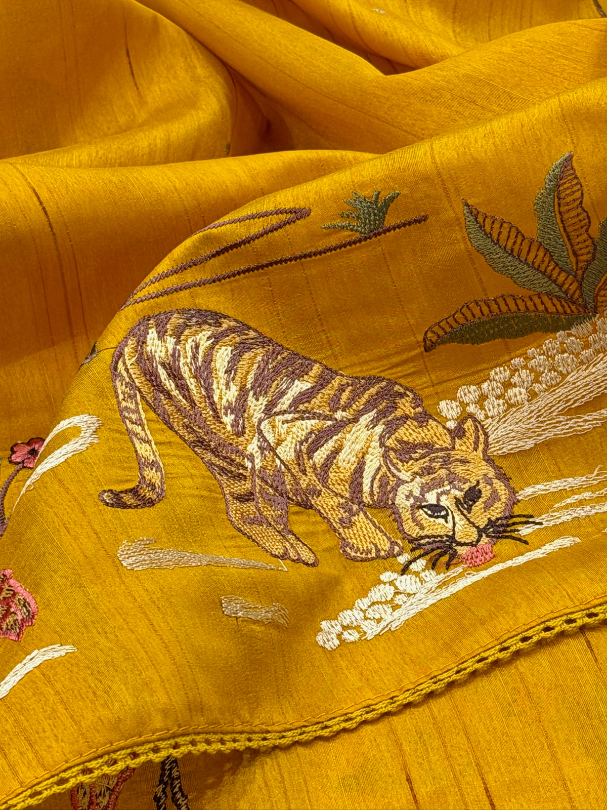 Mustard Yellow Moonga Tussar Silk Saree with Tiger Motif Detailing