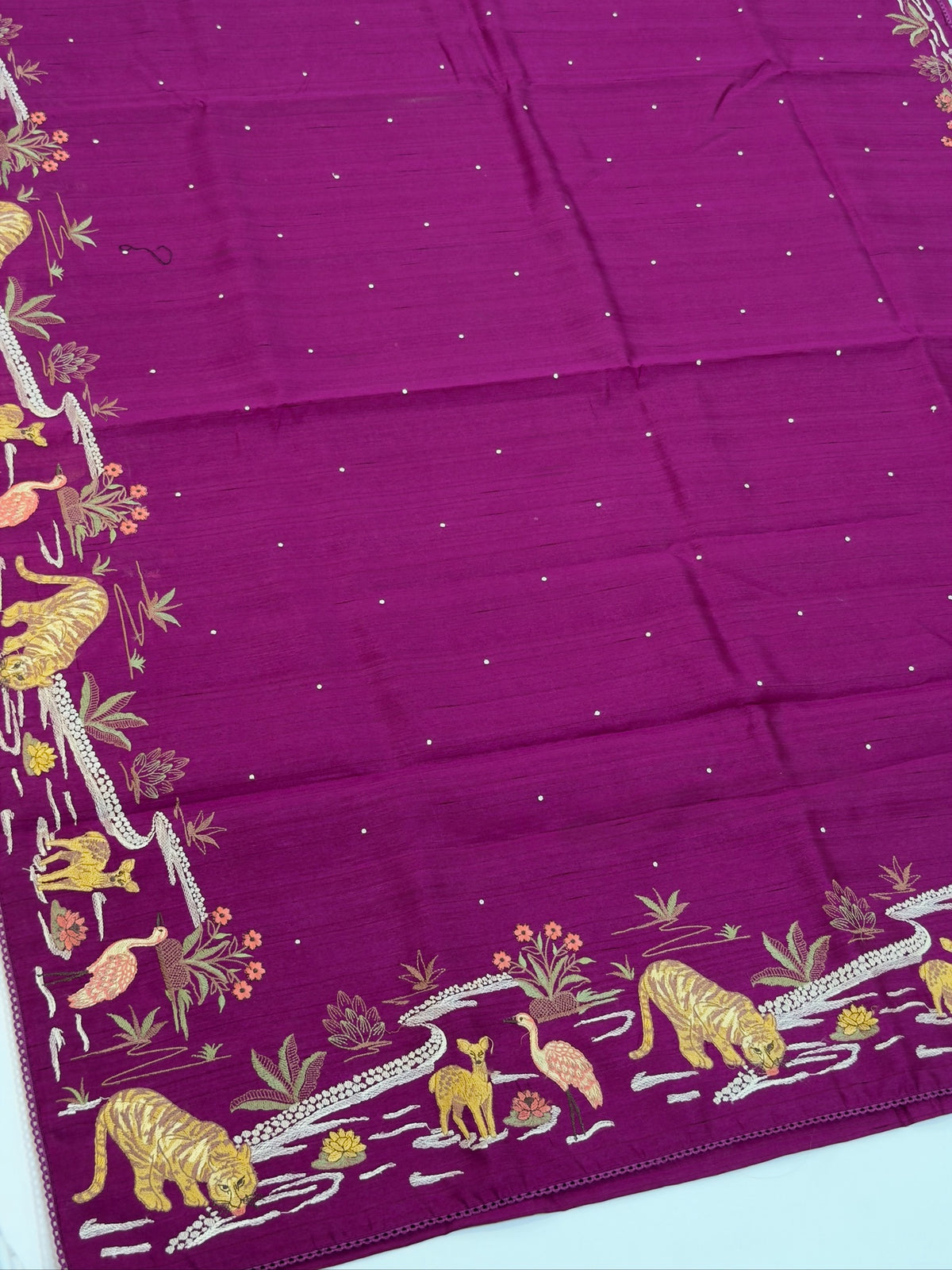 Rich Magenta Moonga Tussar Silk Saree with Tiger Motif Detailing