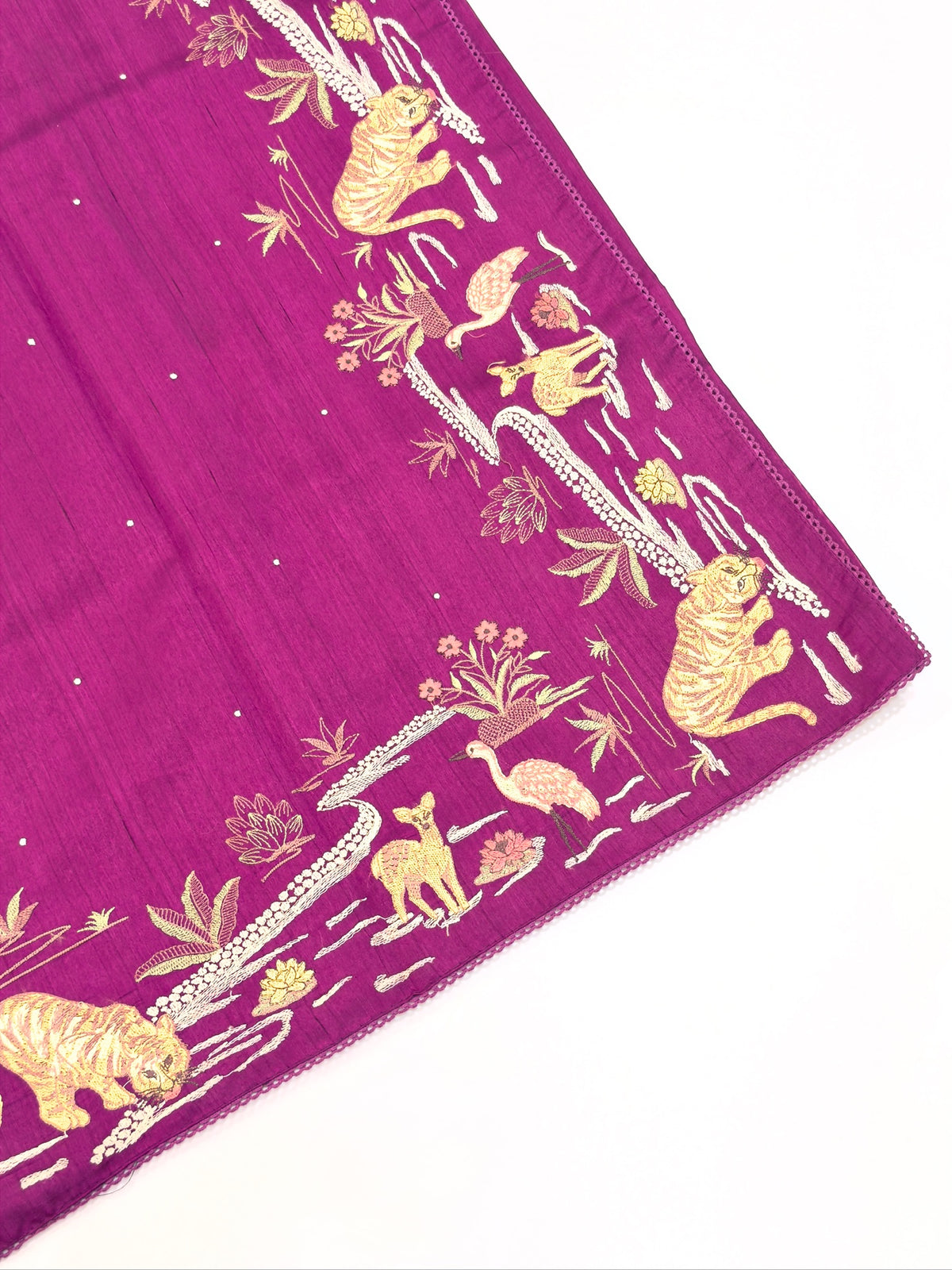 Rich Magenta Moonga Tussar Silk Saree with Tiger Motif Detailing