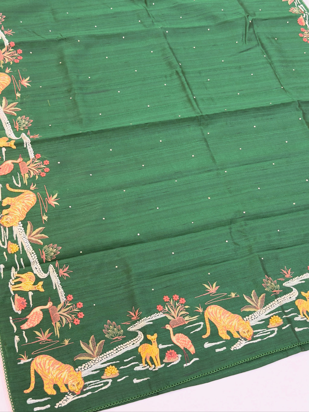 Bottle Green Moonga Tussar Silk Sabyasachi-Inspired Embroidery Saree