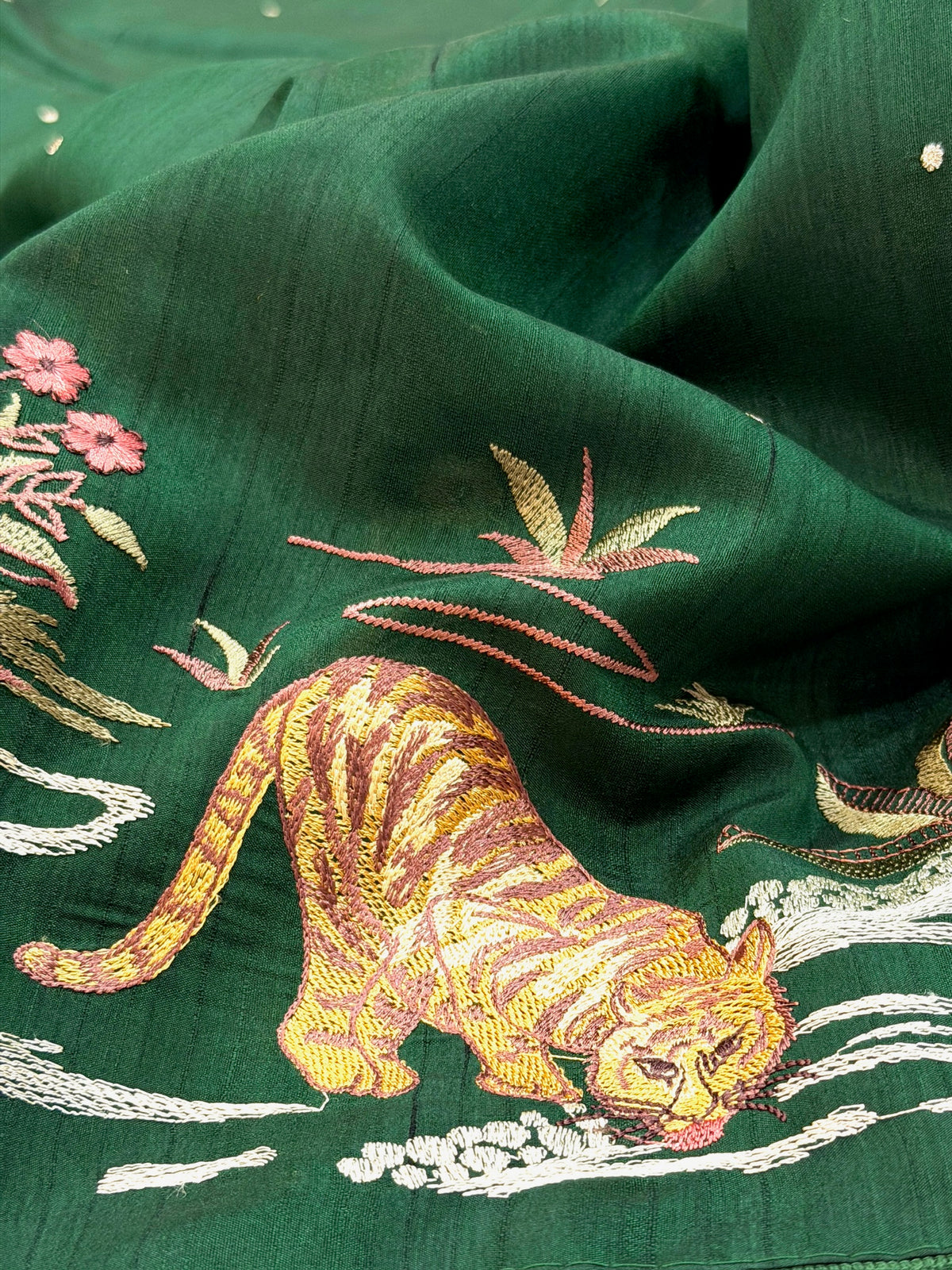 Bottle Green Moonga Tussar Silk Sabyasachi-Inspired Embroidery Saree