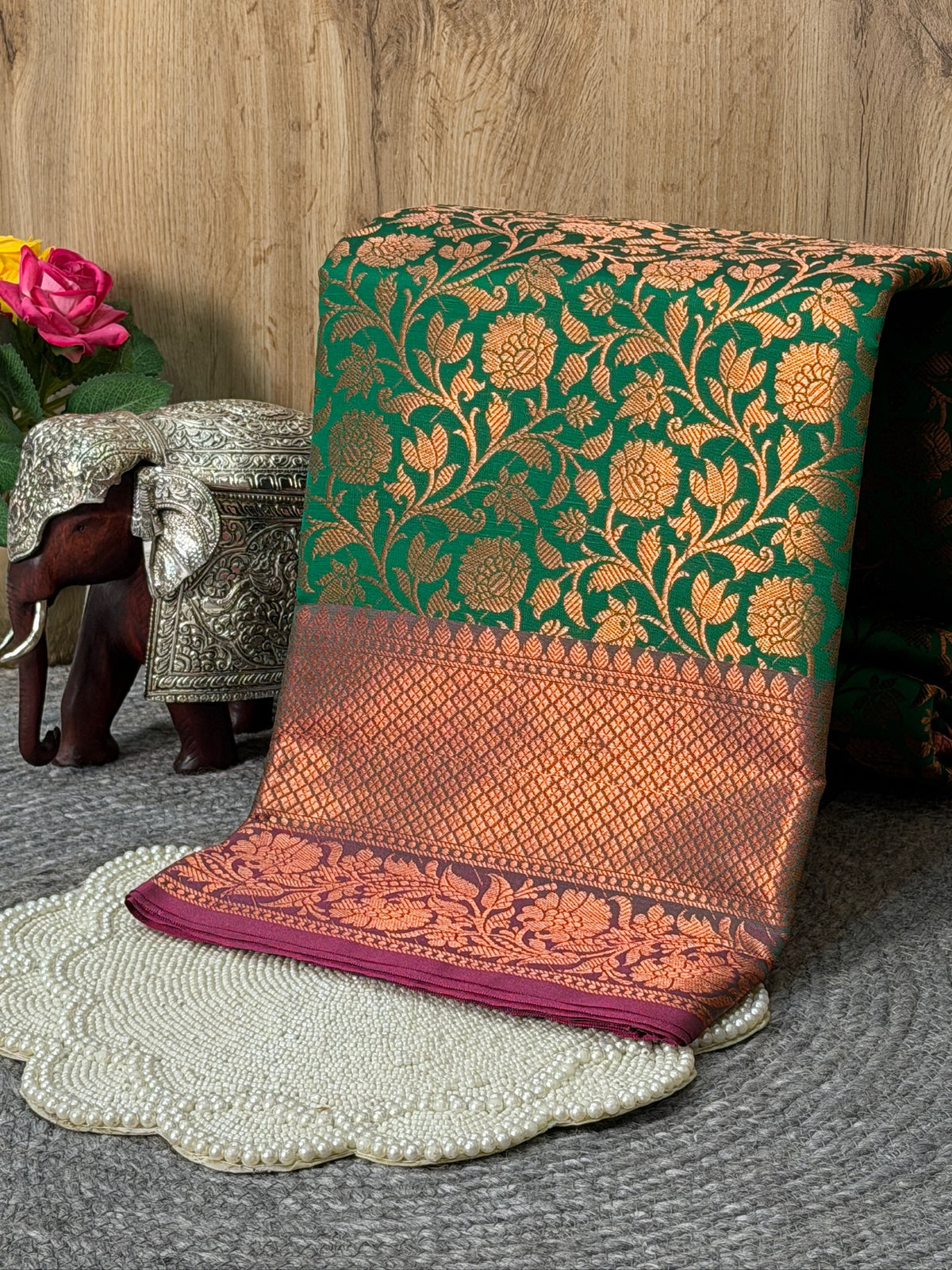 Emerald Green Kanjeevaram Soft Silk Saree with Bronze Zari Work