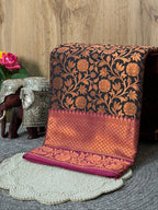 Midnight Black Kanjeevaram Soft Silk Saree with Bronze Zari Work