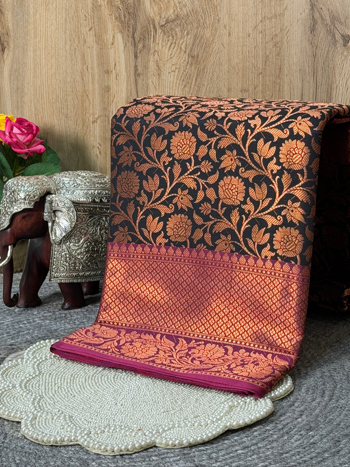Midnight Black Kanjeevaram Soft Silk Saree with Bronze Zari Work
