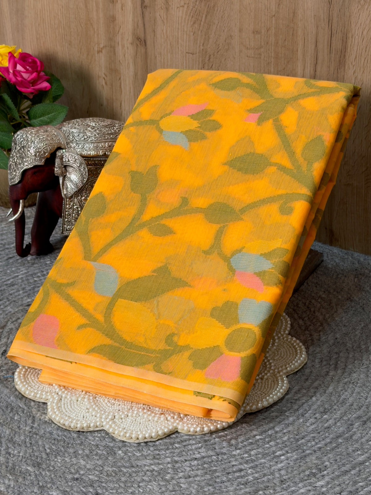 Mustard Yellow Soft Cotton Jamdani Saree with Floral Pattern