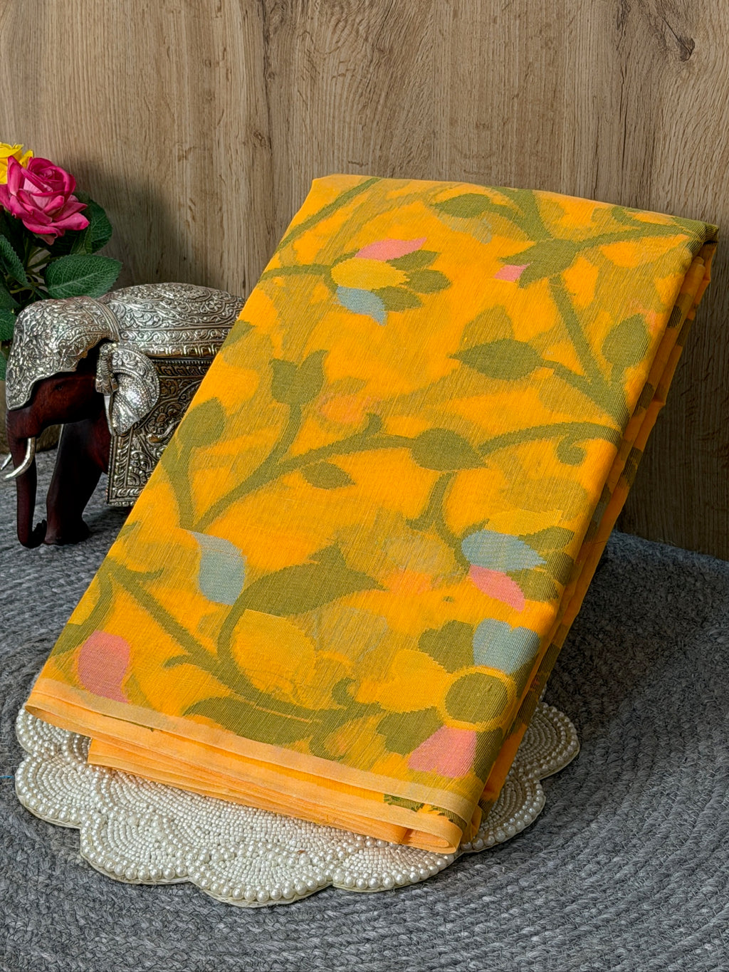 Mustard Yellow Soft Cotton Jamdani Saree with Floral Pattern