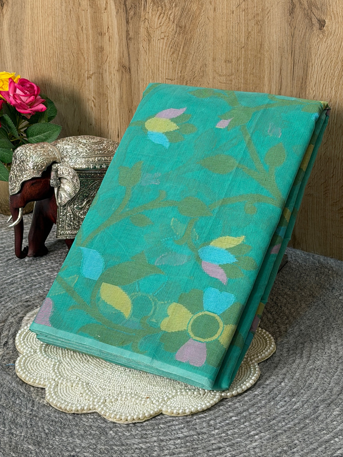 Turquoise Green Soft Cotton Jamdani Saree with Floral Pattern