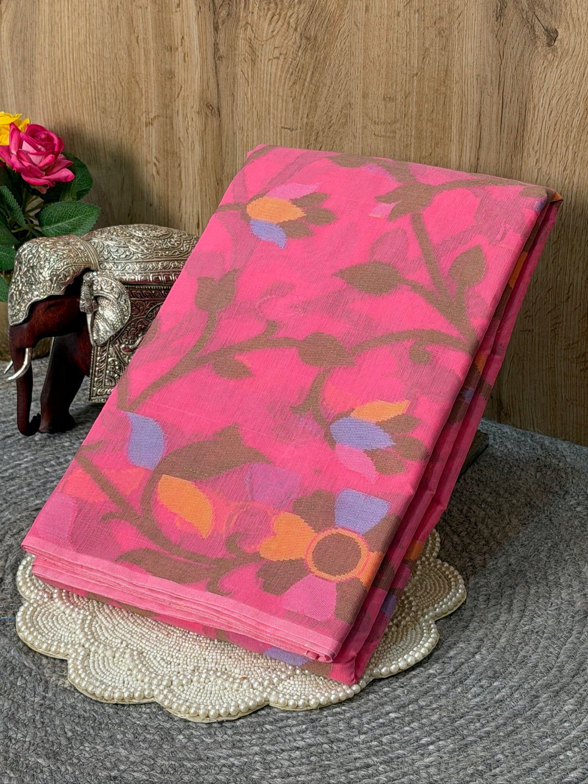 Bright Pink Soft Cotton Jamdani Saree with Floral Pattern