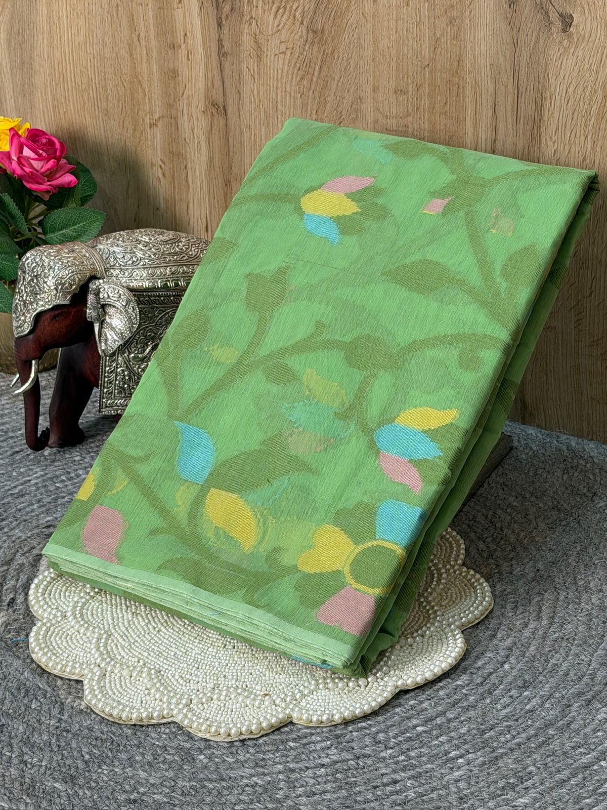 Sage Green Soft Cotton Jamdani Saree with Floral Pattern