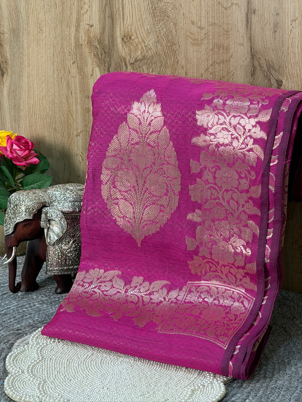 Magenta Mul Cotton Banarasi Saree with Floral Zari Motifs