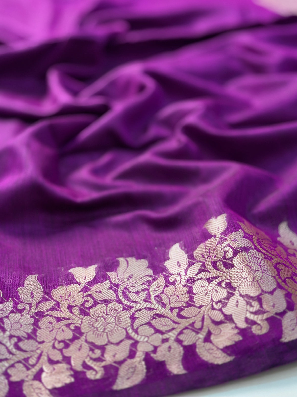 Royal Purple Mul Cotton Banarasi Saree with Floral Zari Motifs
