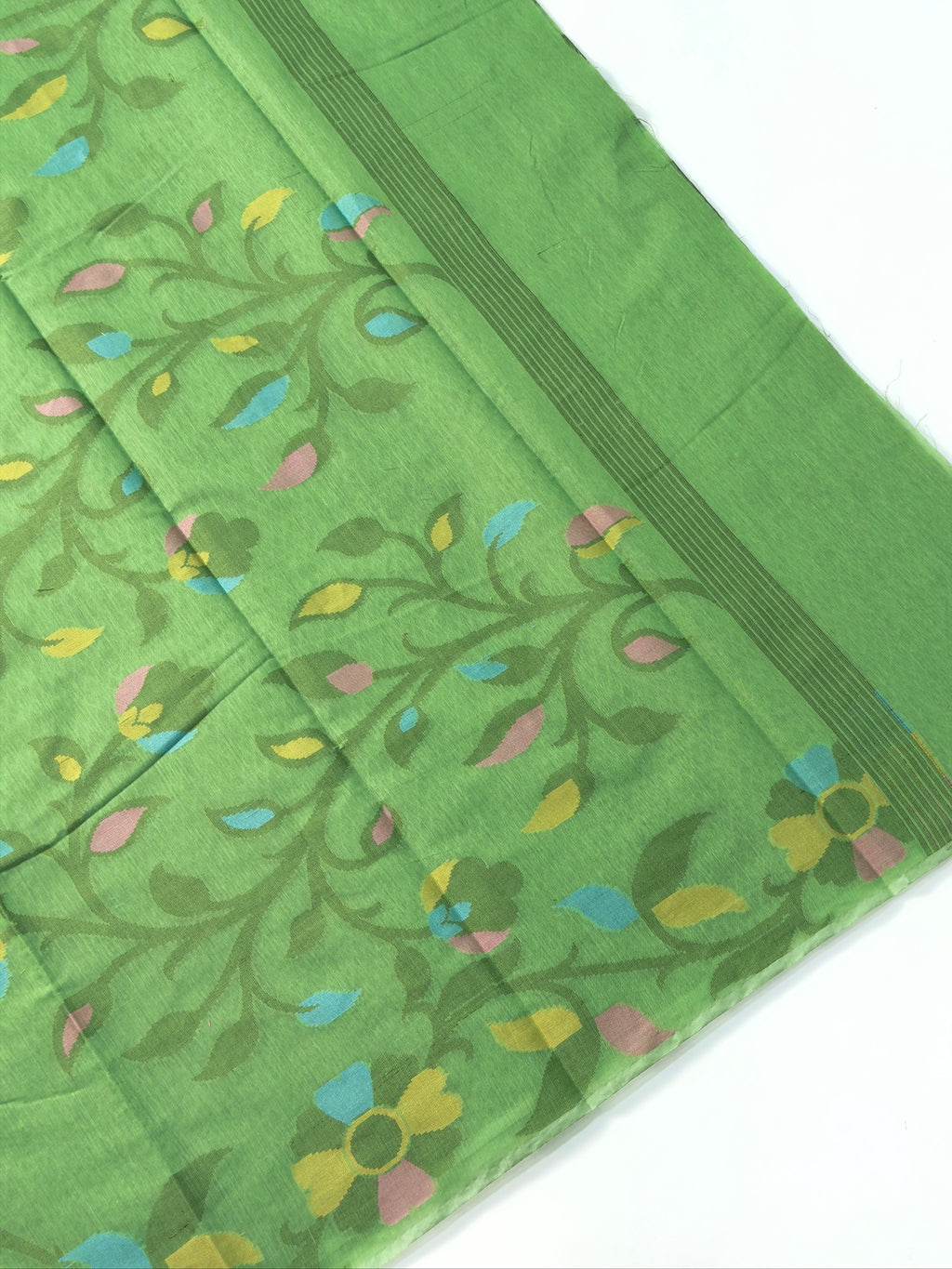 Sage Green Soft Cotton Jamdani Saree with Floral Pattern