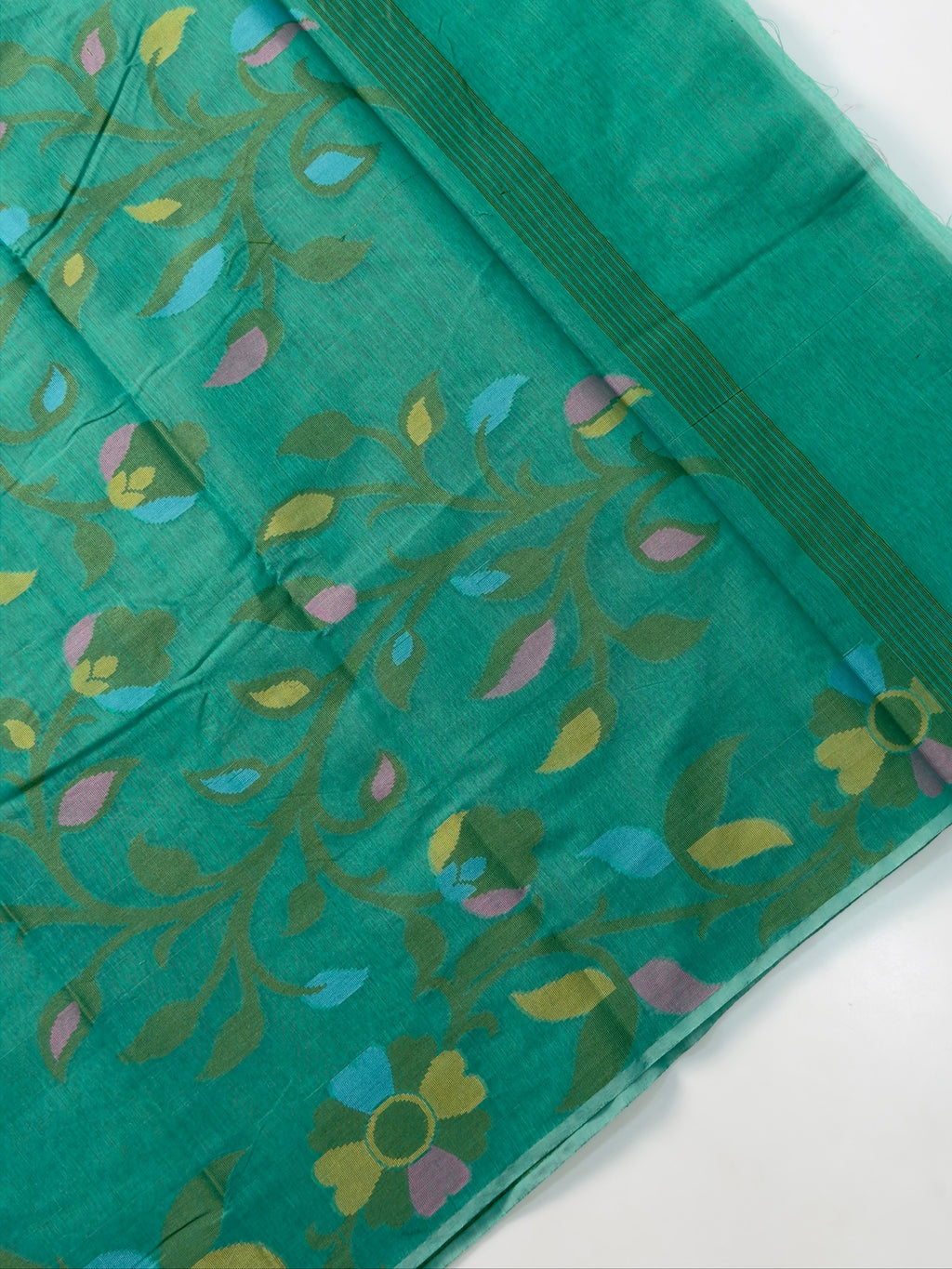 Turquoise Green Soft Cotton Jamdani Saree with Floral Pattern