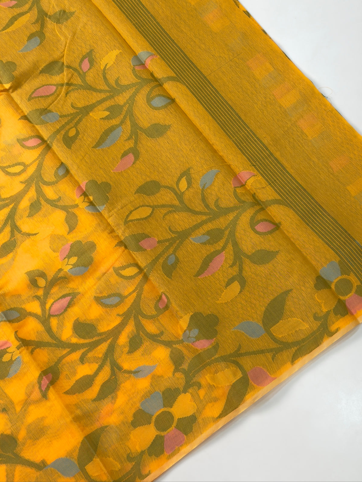 Mustard Yellow Soft Cotton Jamdani Saree with Floral Pattern