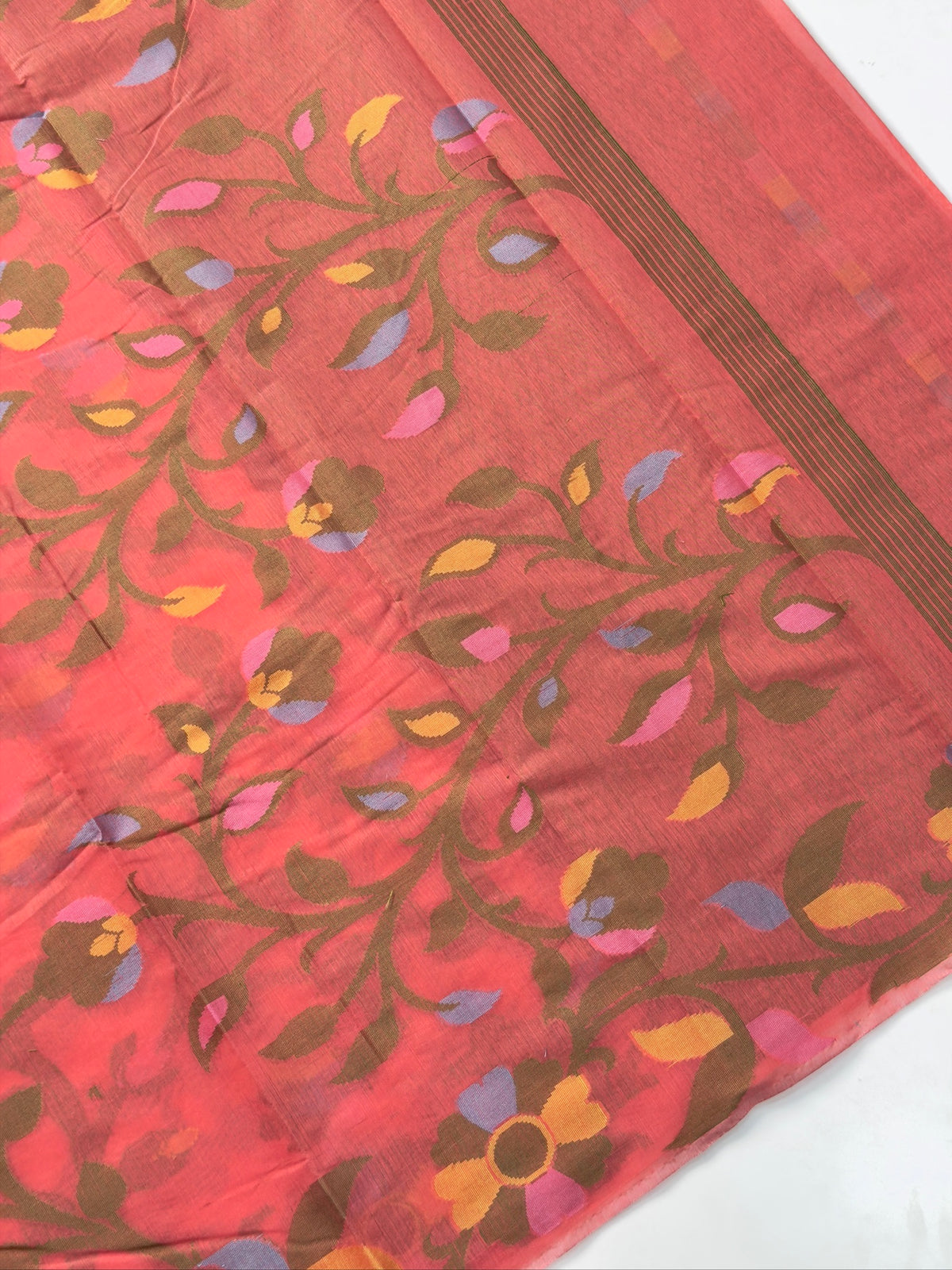 Coral Pink Soft Cotton Jamdani Saree with Floral Pattern