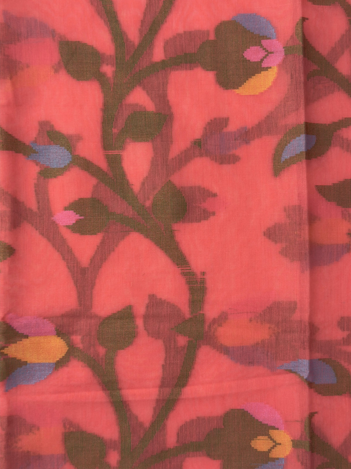 Coral Pink Soft Cotton Jamdani Saree with Floral Pattern