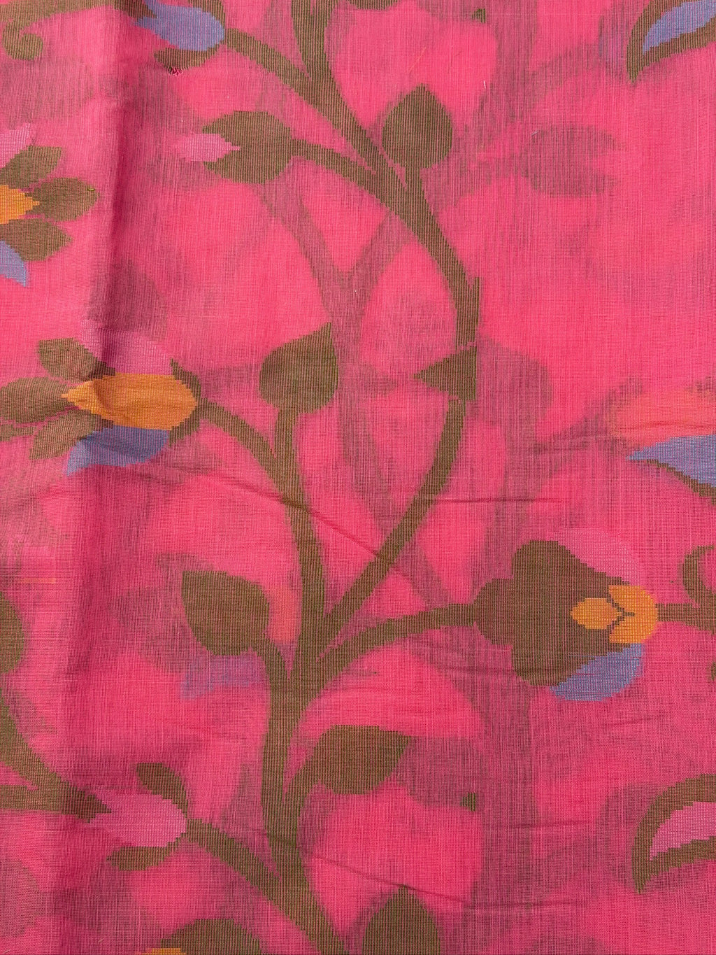 Bright Pink Soft Cotton Jamdani Saree with Floral Pattern