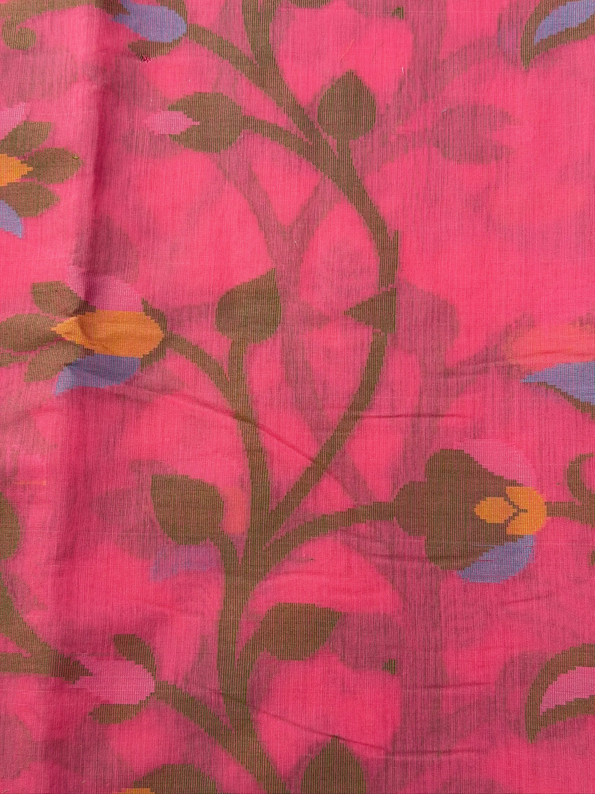 Bright Pink Soft Cotton Jamdani Saree with Floral Pattern