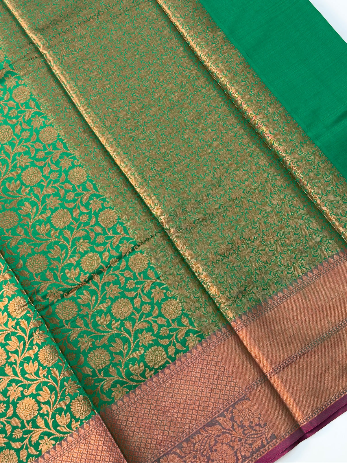 Emerald Green Kanjeevaram Soft Silk Saree with Bronze Zari Work