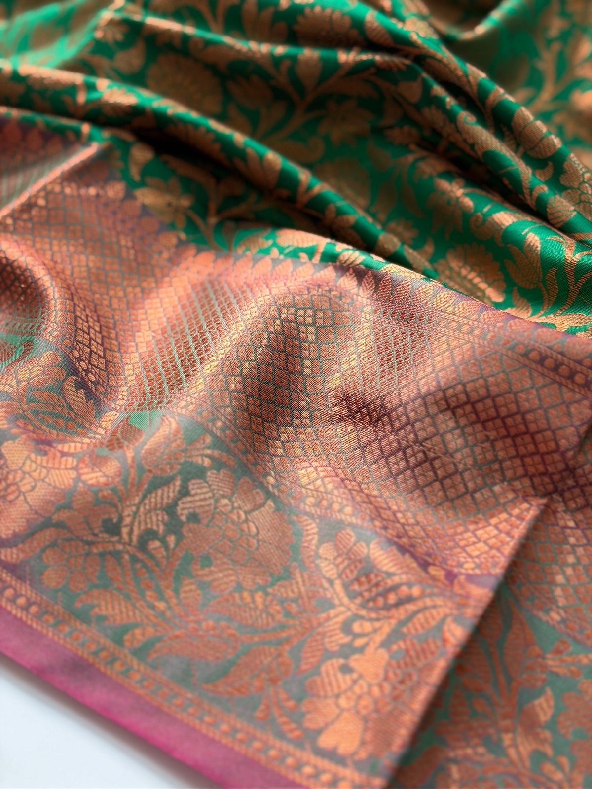 Emerald Green Kanjeevaram Soft Silk Saree with Bronze Zari Work