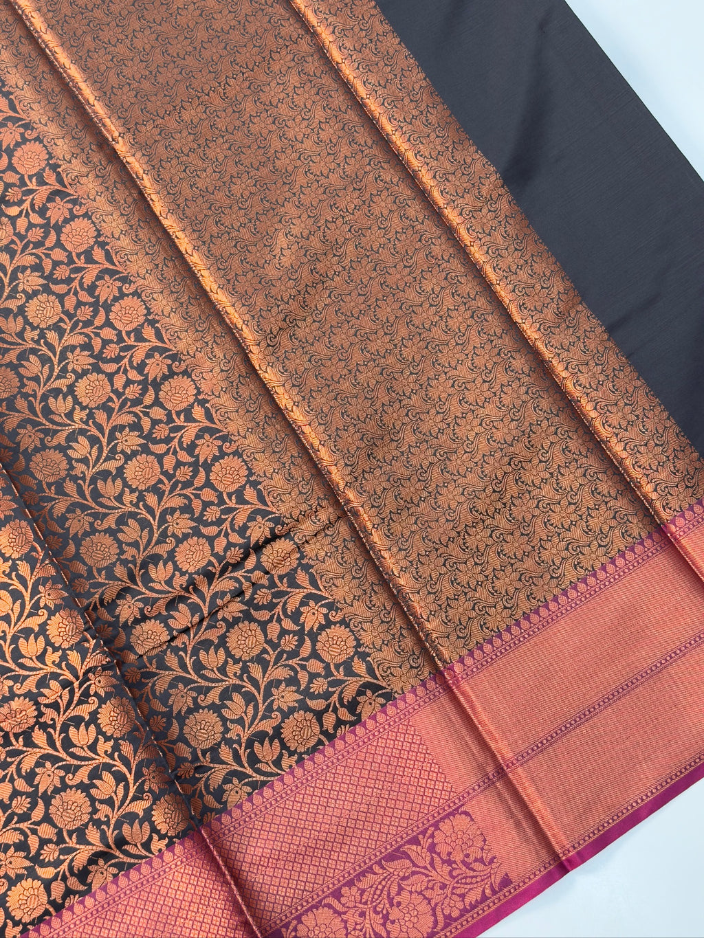 Midnight Black Kanjeevaram Soft Silk Saree with Bronze Zari Work
