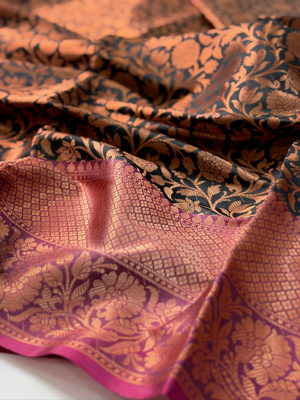 Midnight Black Kanjeevaram Soft Silk Saree with Bronze Zari Work