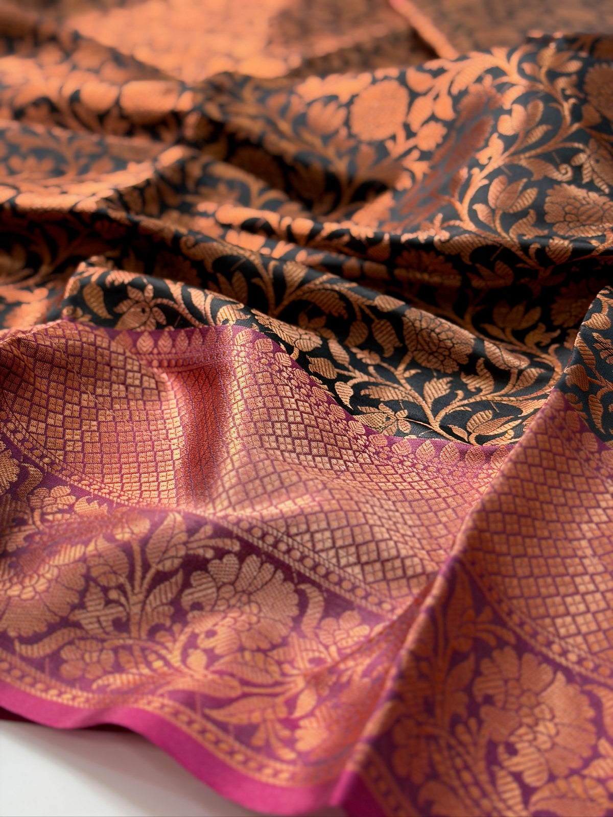 Midnight Black Kanjeevaram Soft Silk Saree with Bronze Zari Work