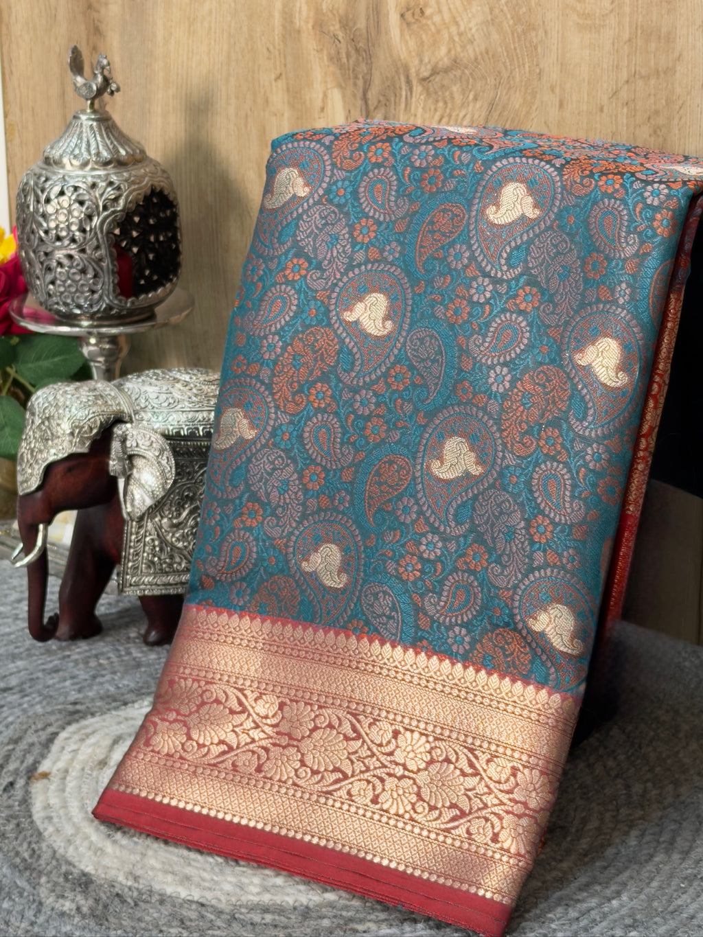 Teal Blue Silk Georgette Pashmina Saree with Floral Paisley Design