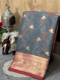 Teal Blue Silk Georgette Pashmina Saree with Floral Paisley Design